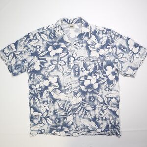 Vintage No Fear Hawaiian Mens XL Shirt Blue White Floral Surfer Made in USA